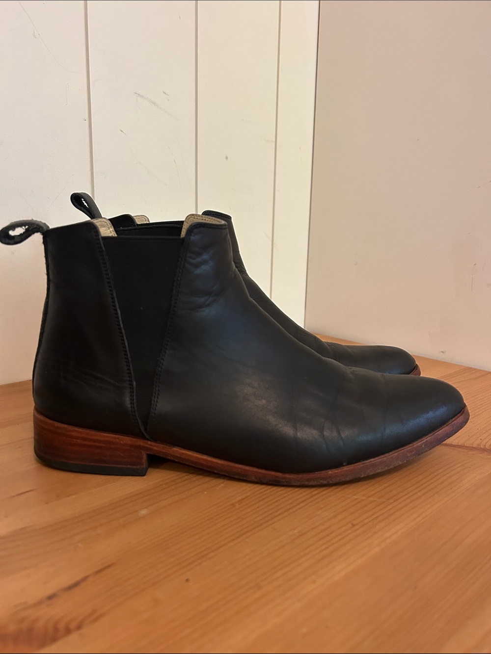 Nisolo Black Leather Chelsea Ankle Boots with Brown Stacked Heel